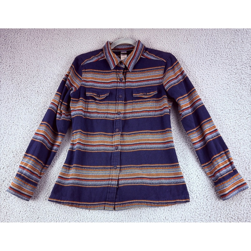 Patagonia Fjord Flannel Shirt Womens 4 Blue Orange Stripe Organic Cotton 53915